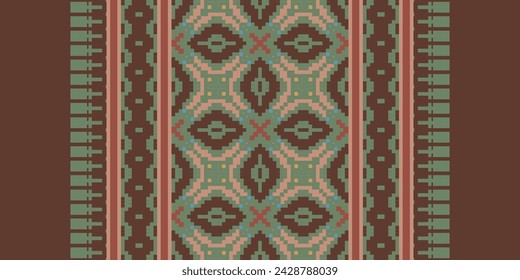 Ethnic Geometric Seamless Fabric Pattern Cross Stitch. Ikat Embroidery Oriental Pixel Pattern Cream Background. Abstract,vector,illustration. Texture,cross Stitch,scarf,decoration,motifs,wallpaper.