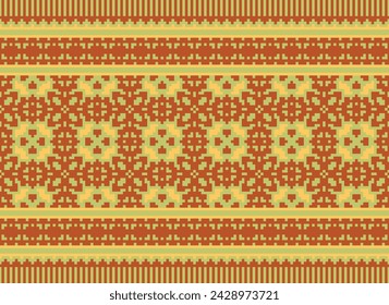Ethnic Geometric Seamless Fabric Pattern Cross stitch.ikat Embroidery Oriental Pixel Pattern Cream Background. Abstract,vector,illustration. Texture,cross Stitch,scarf,decoration,motifs,wallpaper.