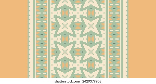 Ethnic Geometric Seamless Fabric Pattern Cross Stitch. Ikat Embroidery Oriental Pixel Pattern Cream Background. Abstract,vector,illustration. Texture,cross Stitch,scarf,decoration,motifs,wallpaper.