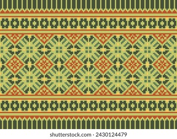 Ethnic Geometric Seamless Fabric Pattern Cross stitch.ikat Embroidery Oriental Pixel Pattern Cream Background. Abstract,vector,illustration. Texture,cross Stitch,scarf,decoration,motifs,wallpaper.