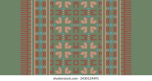 Ethnic Geometric Seamless Fabric Pattern Cross Stitch. Ikat Embroidery Oriental Pixel Pattern Cream Background. Abstract,vector,illustration. Texture,cross Stitch,scarf,decoration,motifs,wallpaper.