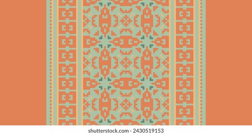 Patrón de tela sin costura geométrica étnica Punto de cruz. Ikat Bordado Oriental Pixel Patrón Crema De Fondo. Resumen, vector, ilustración. Textura, punto de cruz, bufanda, decoración, motivos, papel pintado.