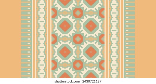 Ethnic Geometric Seamless Fabric Pattern Cross Stitch. Ikat Embroidery Oriental Pixel Pattern Cream Background. Abstract,vector,illustration. Texture,cross Stitch,scarf,decoration,motifs,wallpaper.