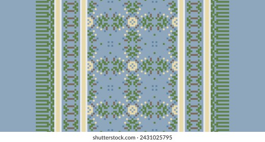 Patrón de tela sin costura geométrica étnica Punto de cruz. Ikat Bordado Oriental Pixel Patrón Crema De Fondo. Resumen, vector, ilustración. Textura, punto de cruz, bufanda, decoración, motivos, papel pintado.