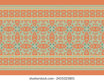 Ethnic Geometric Seamless Fabric Pattern Cross Stitch. Ikat Embroidery Oriental Pixel Pattern Cream Background. Abstract,vector,illustration. Texture,cross Stitch,scarf,decoration,motifs,wallpaper.