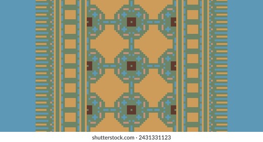 Ethnic Geometric Seamless Fabric Pattern Cross Stitch. Ikat Embroidery Oriental Pixel Pattern Cream Background. Abstract,vector,illustration. Texture,cross Stitch,scarf,decoration,motifs,wallpaper.