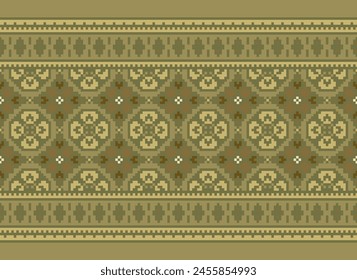 Ethnic Geometric Seamless Fabric Pattern Cross Stitch. Ikat Embroidery Oriental Pixel Pattern Brown Cream Background. Abstract,vector,illustration. Texture,cross Stitch,frame,decor,motifs,wallpaper.