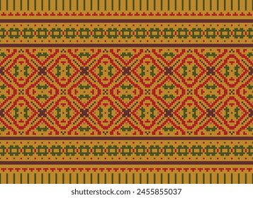 Patrón de tela sin costura geométrica étnica Punto de cruz.ikat bordado Oriental Pixel patrón de fondo marrón. Abstractas,Vector,ilustración. Textura, punto de cruz, bufanda, decoración, alfombra