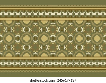 Ethnic Geometric Seamless Fabric Pattern Cross Stitch. Ikat Embroidery Oriental Pixel Pattern Brown Cream Background. Abstract,vector,illustration. Texture,cross Stitch,frame,decor,motifs,wallpaper.