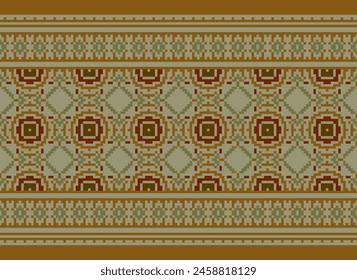 Ethnic Geometric Seamless Fabric Pattern Cross stitch.ikat Embroidery Oriental Pixel Pattern Brown Background. Abstract,vector,illustration. Texture,cross Stitch,scarf,decoration,carpet