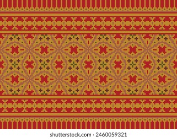 Patrón de tela sin costura geométrica étnica Punto de cruz.ikat bordado Oriental Pixel patrón de fondo marrón. Abstractas,Vector,ilustración. Textura, punto de cruz, bufanda, decoración, alfombra