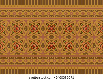 Ethnic Geometric Seamless Fabric Pattern Cross stitch.ikat Embroidery Oriental Pixel Pattern Brown Background. Abstract,vector,illustration. Texture,cross Stitch,scarf,decoration,carpet