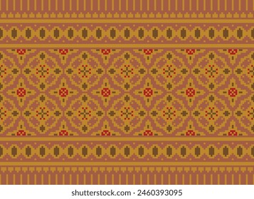 Ethnic Geometric Seamless Fabric Pattern Cross stitch.ikat Embroidery Oriental Pixel Pattern Brown Background. Abstract,vector,illustration. Texture,cross Stitch,scarf,decoration,carpet