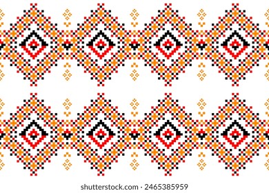 Ethnic geometric seamless fabric pattern Cross Stitch.Ikat embroidery oriental Pixel pattern. Texture,Cross Stitch,scarf,decoration,carpet wallpaper.