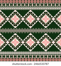 Ethnic geometric seamless fabric pattern, pixel art embroidery oriental abstract, traditional Aztec, vector, illustration, Textile, wrapping, carpet, frame, decor, motifs, wallpaper and background