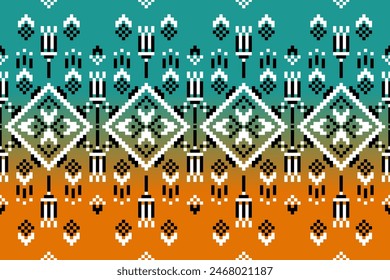 Ethnic geometric seamless fabric pattern Cross Stitch.Ikat embroidery oriental Pixel pattern black background. Abstract,vector,illustration. Texture,Cross Stitch,frame,decoration,motifs,wallpaper.