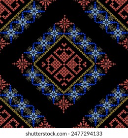 Ethnic geometric seamless fabric pattern Cross Stitch embroidery oriental Pixel pattern Detailed Vector Illustration for Textile Print Design CrossStitch,frame,decoration,motifs,wallpaper.