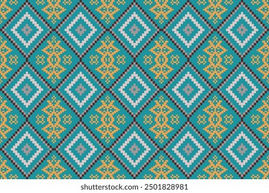 Ethnic geometric seamless fabric pattern ,Cross Stitch ,Pixel pattern embroidery oriental ,Decoration ,Background ,Vector ,Abstract ,illustration ,Texture ,Carpet ,Wallpaper ,Cross stitch ,ethnic 