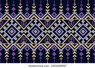 Ethnic geometric seamless fabric pattern ,Cross Stitch ,Pixel pattern embroidery oriental ,Decoration ,Background ,Vector ,Abstract ,illustration ,Texture ,Carpet ,Wallpaper ,Cross stitch ,ethnic 