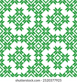 Patrón de tela sin costura geométrica étnica Cross Stitch. patrón de píxeles oriental. Textura, punto de cruz, bufanda, decoración, Fondo de pantalla de la alfombra. Vector, ilustración, verde sobre fondo blanco.