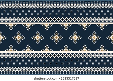 Ethnische geometrische nahtlose Stoffmuster. Ikat Stickerei orientalische Pixel Muster Creme Hintergrund. Abstrakt, Vektorgrafik. Textur,Kreuzstich,Schal,Dekoration,Motive,Tapete.