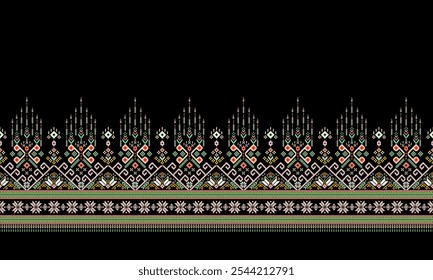 Ethnic geometric seamless fabric pattern Cross Stitch embroidery oriental Pixel pattern Detailed Vector Illustration for Textile Print Design CrossStitch frame decoration motifs wallpaper.
