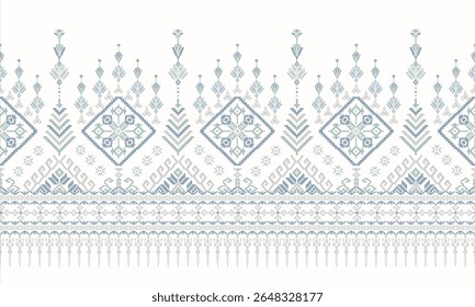 Patrón de tela sin costuras geométrico étnico bordado de punto de cruz patrón de píxel oriental Ilustración vectorial detallada para el diseño de impresión textil motivos de decoración de marco de punto de cruz Fondo de pantalla.