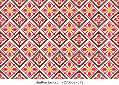 Ethnic geometric seamless fabric pattern cross stitch. Ikat embroidery oriental pixel. abstract, vector, illustration, texture, cross stitch, frame, decoration, motifs, wallpaper