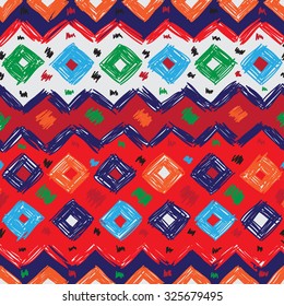 Ethnic geometric seamless pattern. The bright structure of traditional folk bands, diamonds, triangles and zigzags, painted by hand.
