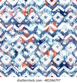 Ethnic geometric seamless pattern. The bright structure of traditional folk bands, diamonds, triangles and zigzags, painted by hand.