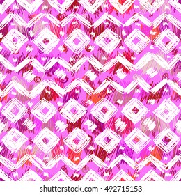 Ethnic geometric seamless pattern. The bright structure of traditional folk bands, diamonds, triangles and zigzags, painted by hand.