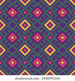 Ethnic geometric seamless pattern. Cross-stitch motif boho retro textile ikat vector graphic design by cross,carpet,textile,decoration,cloth,batik, handmade,stitch,knitting,needle,square,traditional.
