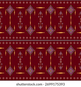 Ethnic Geometric Seamless Pattern in Deep Maroon, Traditional Tribal Textile Background Design for Fabric