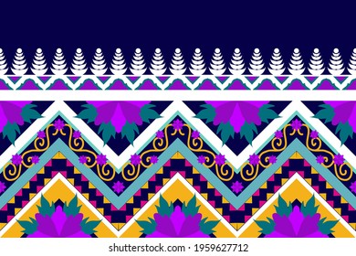 Ethnic geometric seamless pattern design.  Ikat native tribal boho aztec fabric carpet mandalas african american chevron textile wallpaper.  Flowers vector illustration background. 