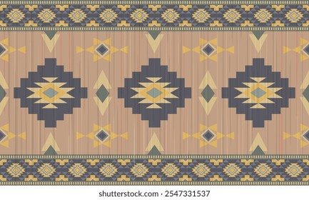 Ethnic geometric seamless pattern with diamond shapes in earth tones. Traditional Native American tribal motif for textile, carpet, and digital background design.