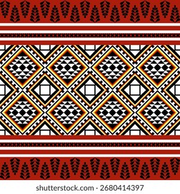 Ethnic geometric seamless pattern with diamond shapes in red, black, white, and yellow. Traditional tribal design for textile, fabric, wallpaper, and decorative backgrounds.