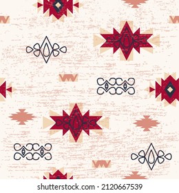 Ethnic geometric seamless pattern. Folk art, Aztec style. Red, brown, grey color. Fabric design, carpet, ornament, vector