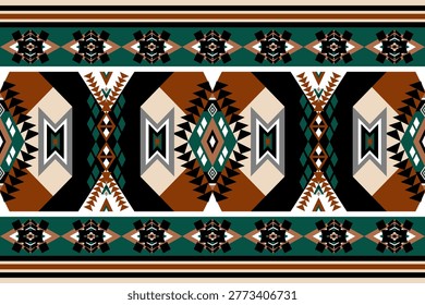 Ethnic geometric seamless pattern inspired by tribal motifs in brown, green, and beige tones. Decorative bold design for textile, fabric, wallpaper, and surface design. I drew this by myself, it's not AI generated.