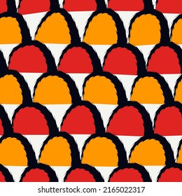 Ethnic geometric seamless pattern. Round scale, arc motif ornament. Freehand half circle design background. Geo handdrawn print. Artistic hand drawn abstract vector wallpaper
