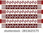 Ethnic geometric seamless pattern showing horizontal borders of pixelated zigzag and spiral motifs on a white and cream base. Styled with rich burgundy and terracotta red shades, reminiscent of traditional slavic or south american folk embroidery.