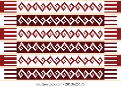 Ethnic geometric seamless pattern showing horizontal borders of pixelated zigzag and spiral motifs on a white and cream base. Styled with rich burgundy and terracotta red shades, reminiscent of traditional slavic or south american folk embroidery.