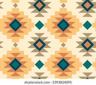 Patrón geométrico étnico sin costuras. Ornamento tradicional azteca navajo en colores azul, naranja.Ilustración vectorial.