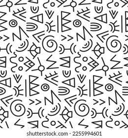 Patrón geométrico étnico sin costuras. Textura de fondo geométrico tribal. Ornamento azteca, letra mínima. Resumen Ilustración del vector. Marco de diseño decorativo. Color negro y blanco de estilo retro