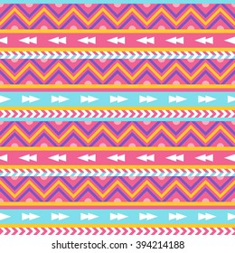 Ethnic geometric seamless patterns with colorful stripes, zig zag and arrows in Pink, Violet, Yellow, Blue and White. Perfect for wallpaper, pattern fills, web page background, textile, greeting card