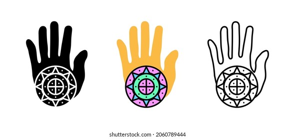 Ethnic geometric shape card in palm. Present religion, history and ancient round shape sign vector icon set. Silhouette, colored, linear icon set. Logo-web, icon design element.