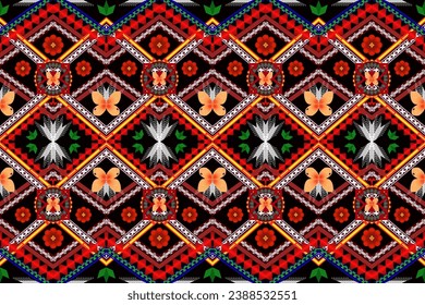 Ethnic geometric shapes black background red flowers oriental seamless pattern. Native vector motif traditional pattern design for fabric, texture, textile, wallpaper, printing, clothing, cloth decor