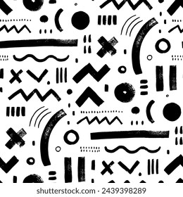 Ethnic geometric shapes seamless pattern. Tribal geometric vector background with various bold and thin lines, shapes, curved strokes and zigzag lines. Memphis style abstract seamless pattern.