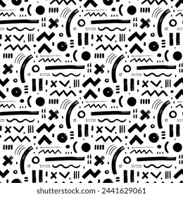 Ethnic geometric shapes seamless pattern. Tribal geometric vector background with various bold and thin lines, shapes, curved strokes and zigzag lines. Memphis style abstract seamless pattern.