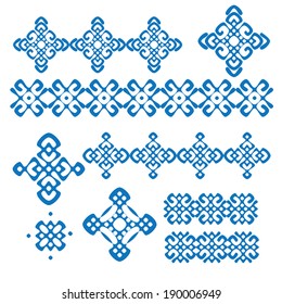 ethnic geometric signs and borders set. collections of blue and white geometric designs. vector illustration. 