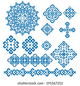 ethnic geometric signs and borders set. collections of blue and white geometric designs. vector illustration. 